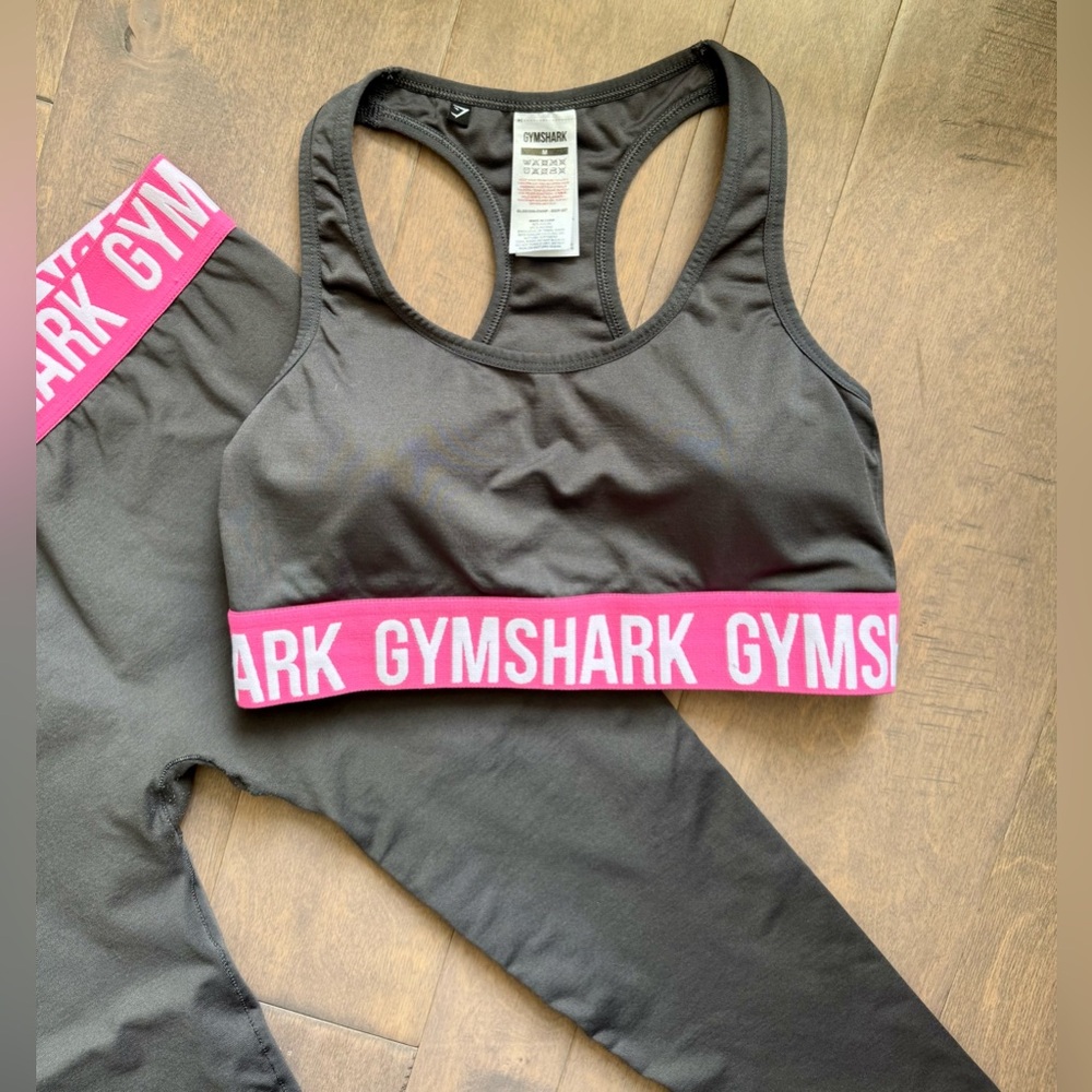 EUC Gymshark Bra + Dark Grey Leggings with Pink Waistband - Picture 2 of 7